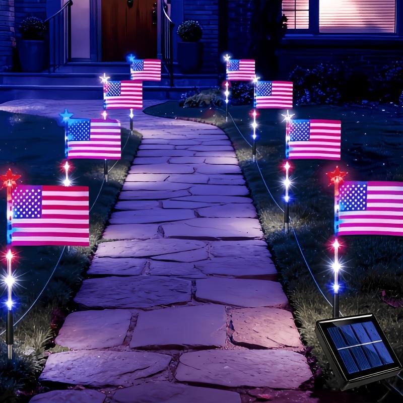 New In Stock 1-to-8 Solar Powered Ground Stake Lights US Independence Day Outdoor Garden Five-Pointed Star Flag Lights