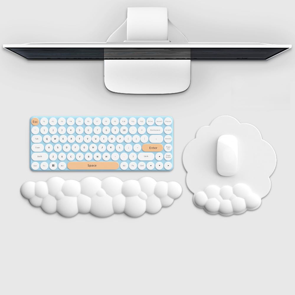 Keyboard Wrist Rest with Mouse Pad Wrist Funny Cloud PU Memory Wrist Palm Hand Arm Reduces Compatible with Laptop White Rest, Design, Leather, Foam,