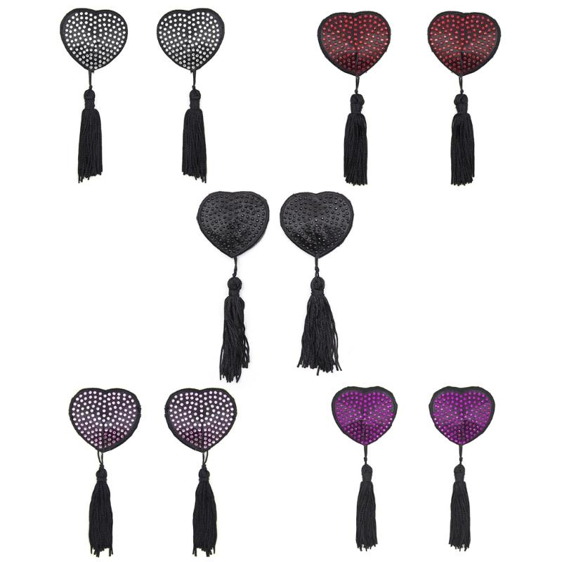 Women Rhinestones Heart Shape Nipple Cover with Tassels Reusable Adhesive Pasties Rave Club Party Breast Pads Sticky Bra