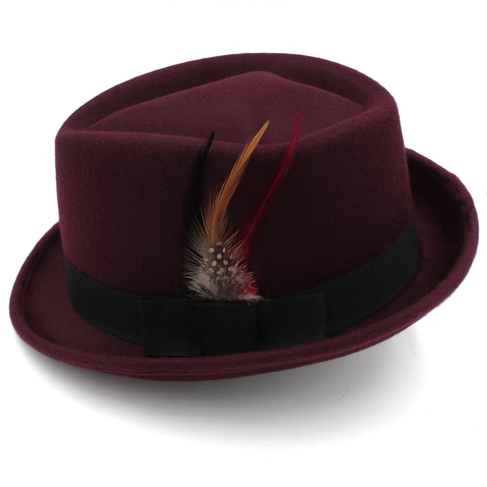 Rhombus Crown Trilby Hats for Men Classic Feather Trilby Fedora Hat Curl Gentleman Fashion Unisex Short Brim Autumn Winter Hat