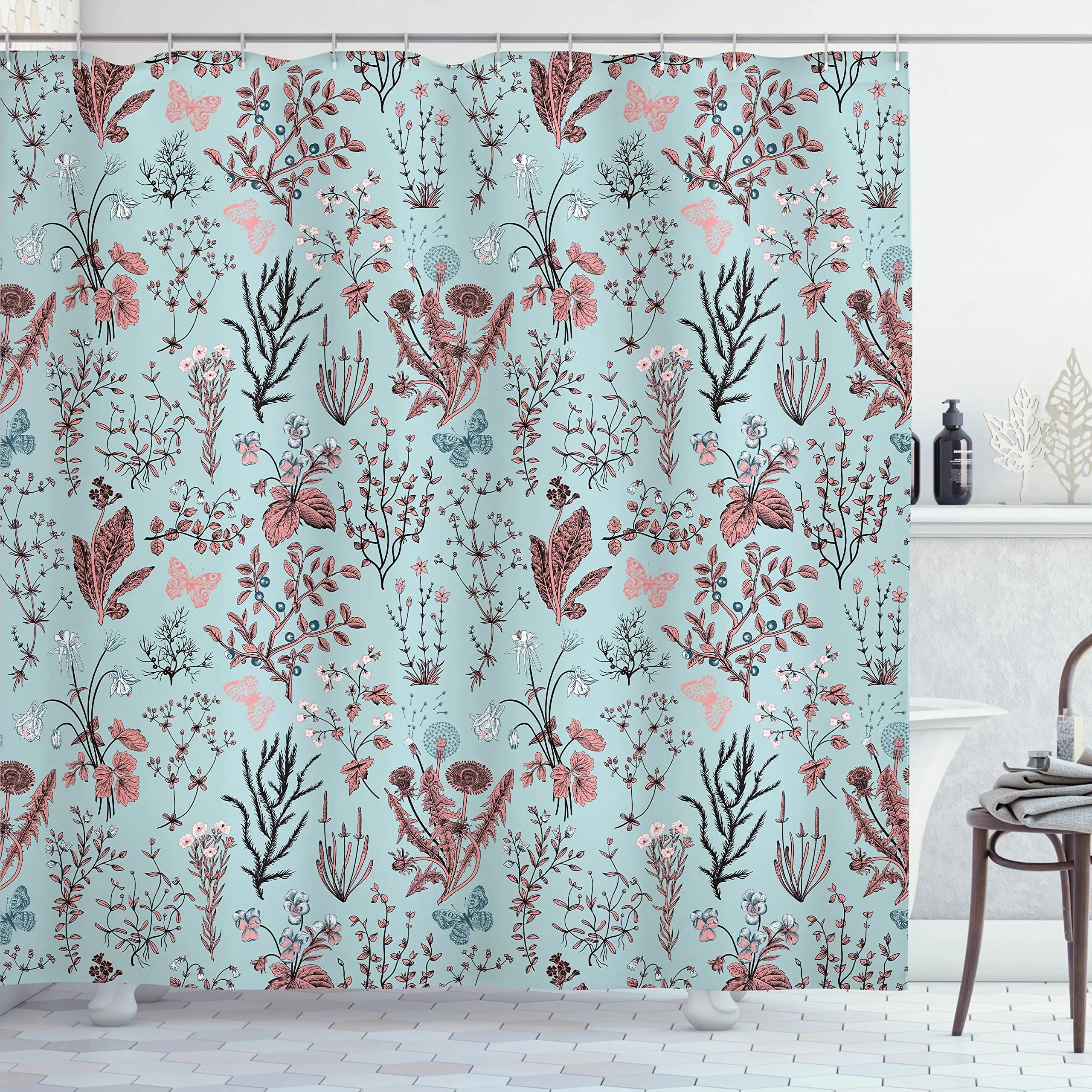 

Floral Shower Curtain Vintage Garden Plants Flowers Bath Curtain Bathroom Waterproof Fabric Bathtub Screen Decoration With Hooks W60H190(CM)-1 Pcs