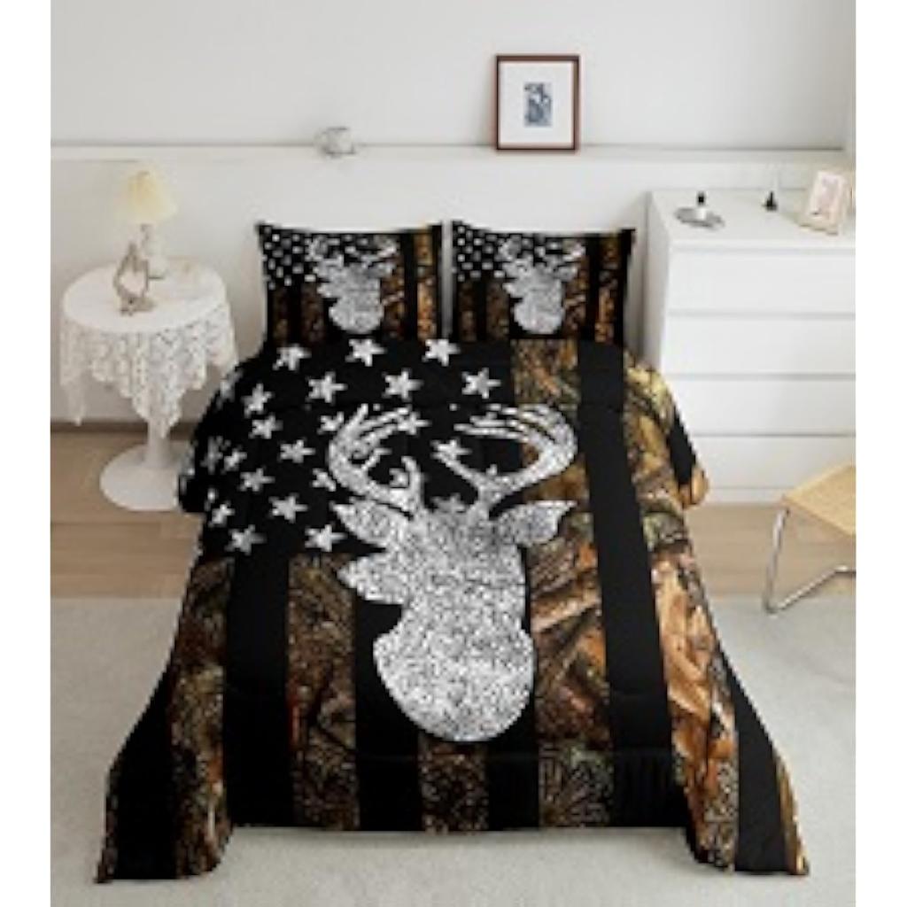 Deer Camo Comforter Set Queen Antlers Hunting Camo Bedding Sets For Teen Boys Men Camouflage American Flag Bed Bedding Set