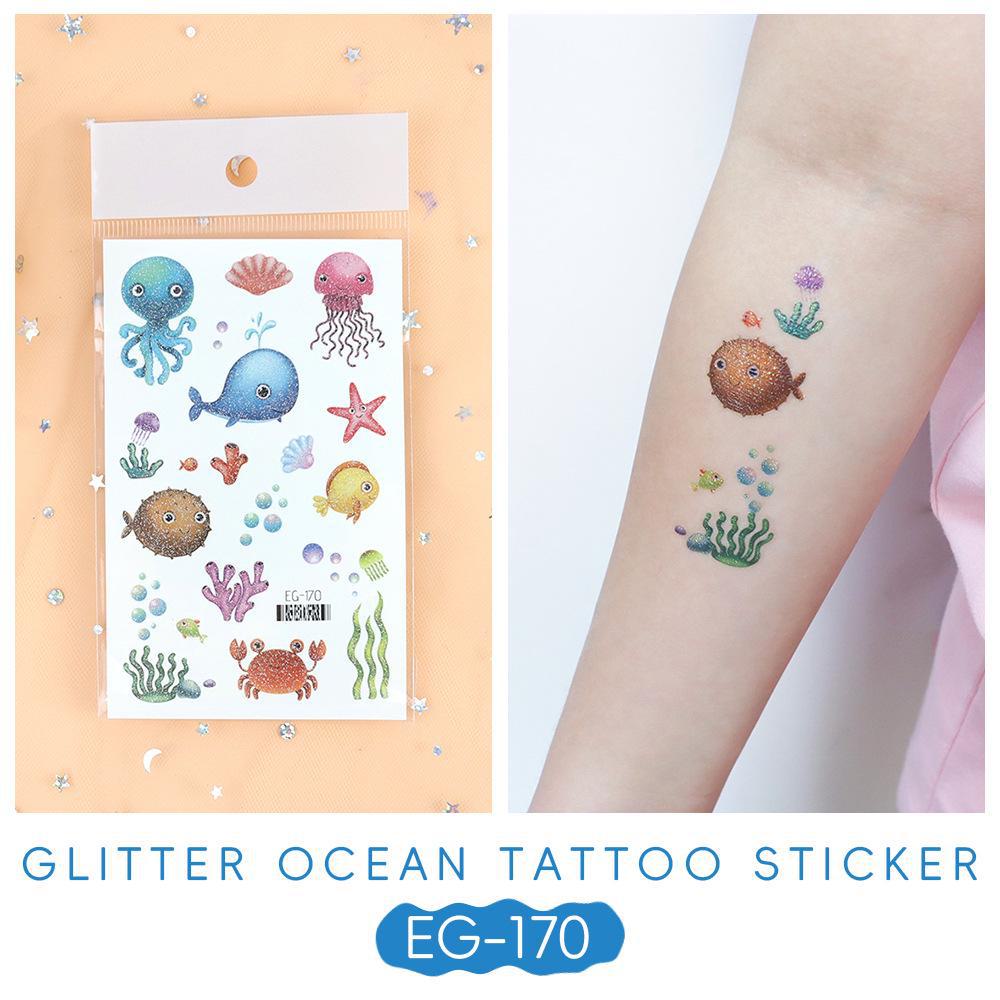 2023 Ruikalong Vandeniui atsparūs blizgantys jūrų gyvūnų animacinių filmukų tatuiruočių lipdukai vaikams