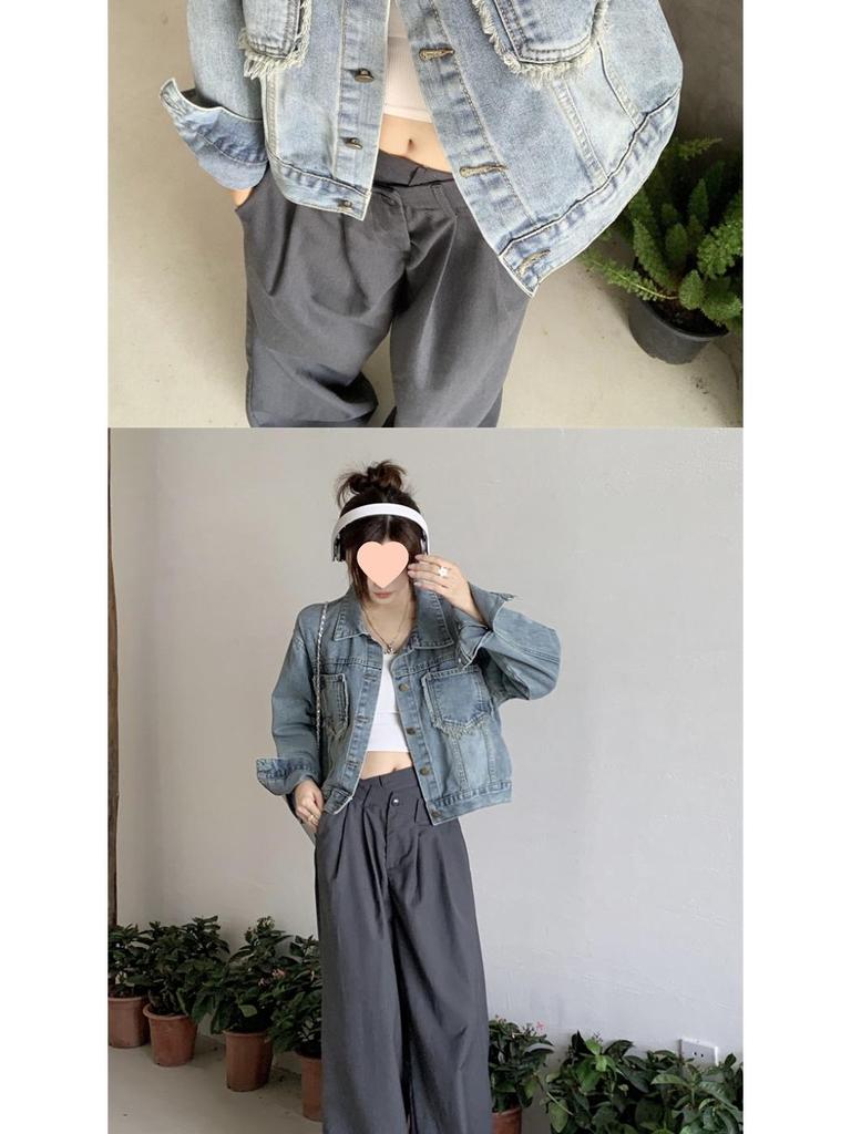 2023 Autumn Women's Frayed Loose Denim Jacket