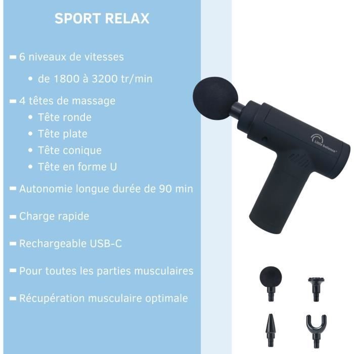 Pistolet massant - LITTLE BALANCE - Sport Relax - 6 vitesses - 4 têtes - Noir