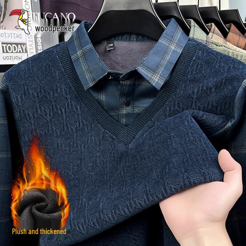 TUCANO Men's Winter Warm Faux Two-Piece Plush Lined Jacquard Sweater