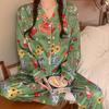 Pajamas Women's Satin Long-sleeved Pajamas Pajamas Suit Flower Printed High-grade Ice Silk Can Be Worn Outside Home Wear Pajamas