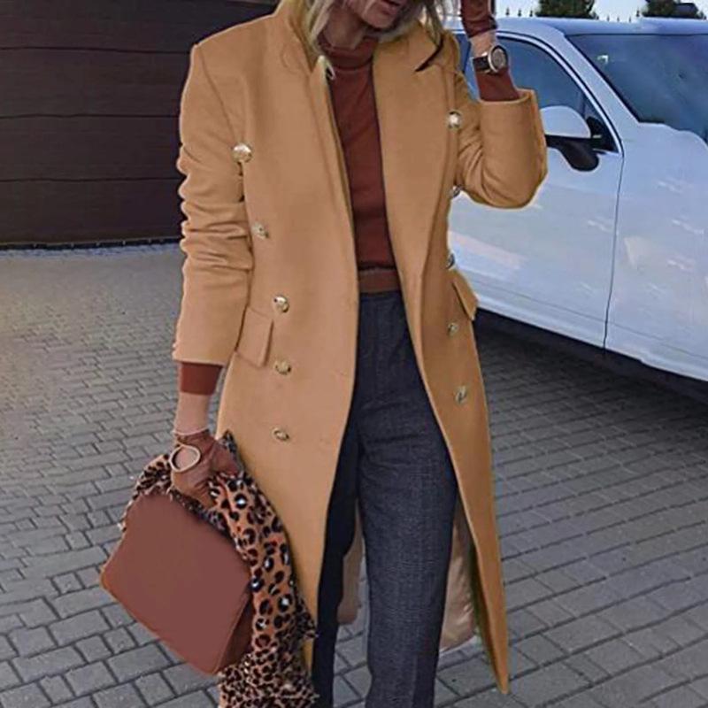 2024 Herbst/Winter Damen Langarm Midilanger Wollmischungs Doppelreiher Übermantel