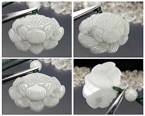 [Stone Street] Rare Jadeite Lotus Flower Carving Pendant with Green Cord Necklace