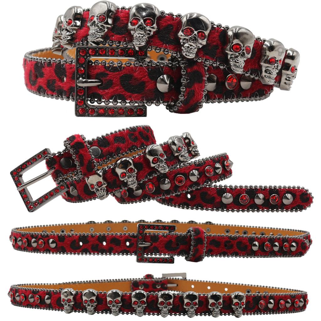 Full Skull Design for Women with Leopard Print with European and American Rhinestone Inlaid Belt High-end Pin Buckle Hip-hop Decoration Nightclub