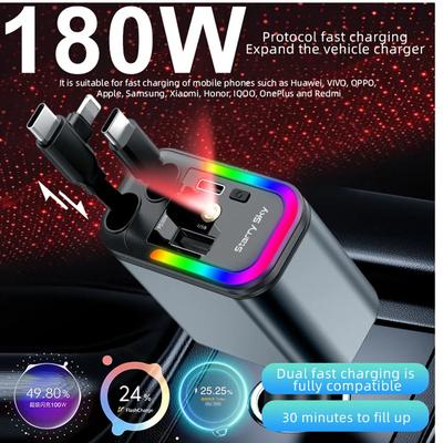 180W Car Fast Charger USB Type-C Power Adapter Retractable Phone Charger With Roof Starlight For IOS Android Phones
