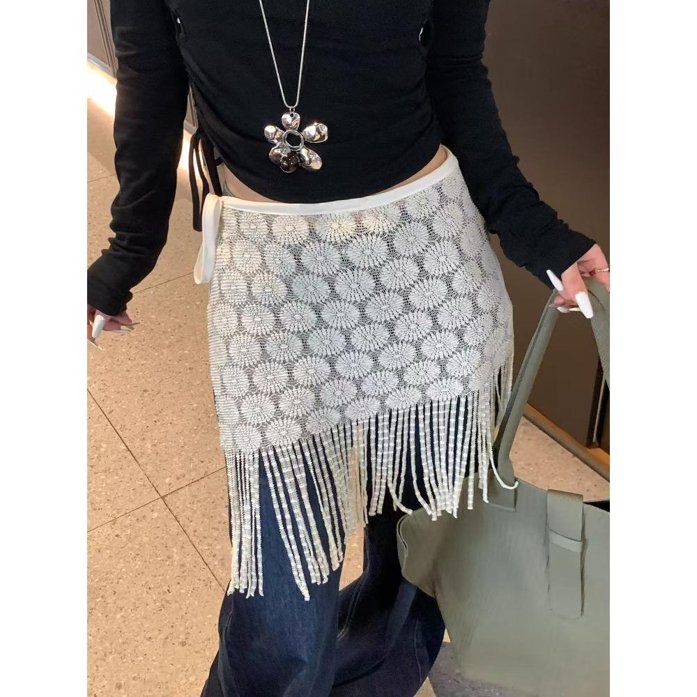 

Korean high-end hollow beaded fringed fart curtain strap knitted skirt curtain stacked to wear thin outer shawl