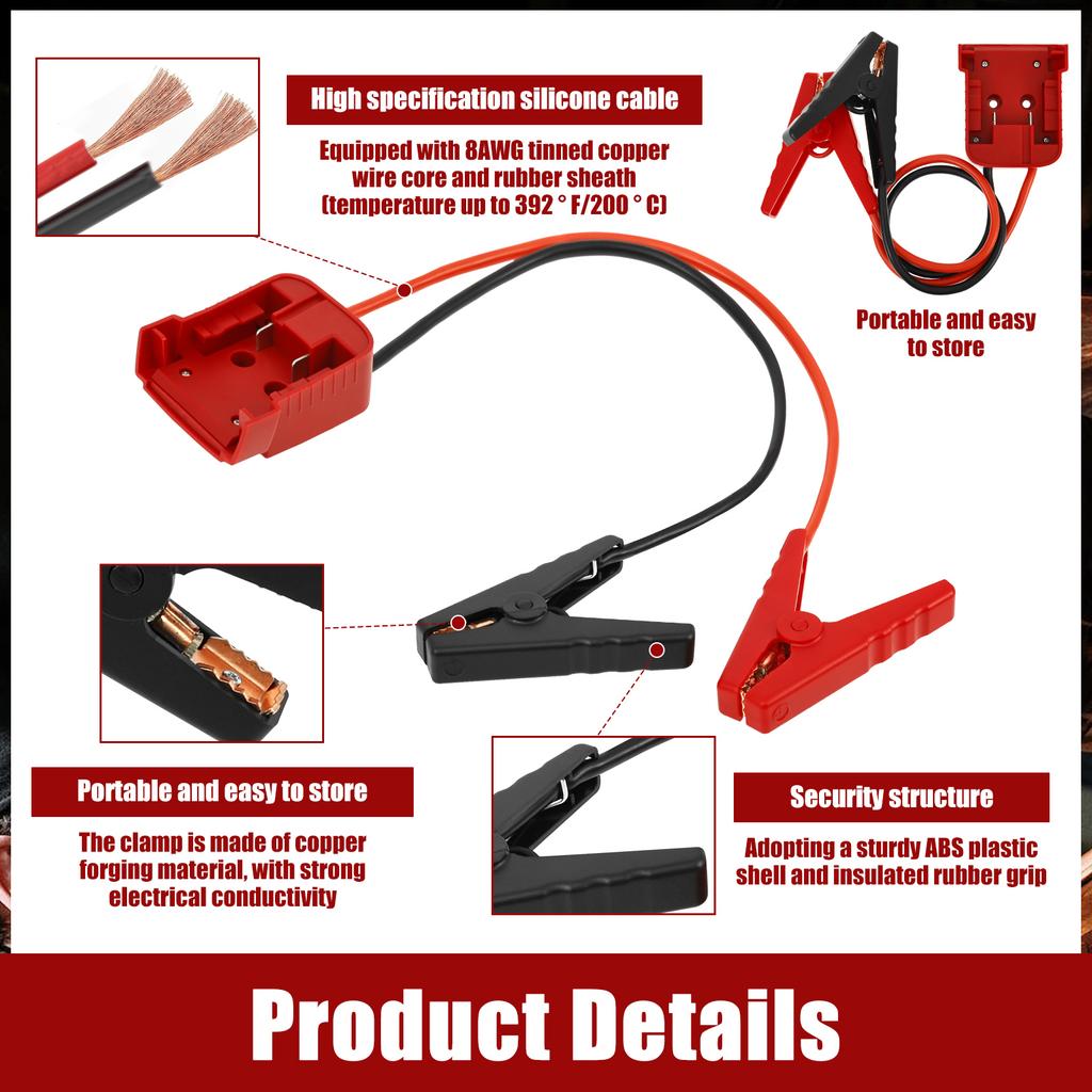 Battery Jumper Cable with Alligator Clips for M18 18V Battery 2 FT Safe Automotive Jumper Starter Booster Wire for Car Motorcycl