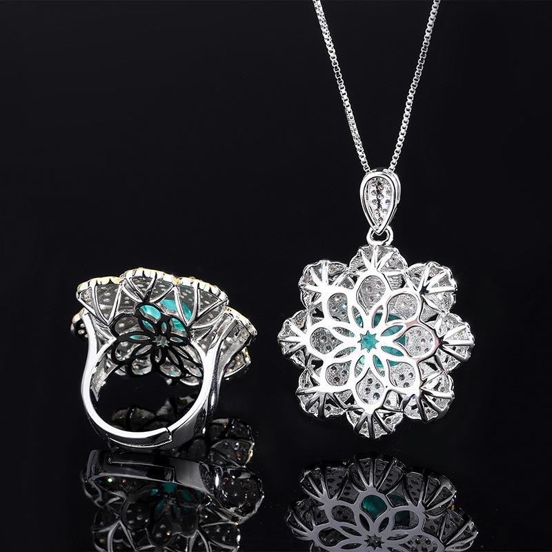 Jewelry Copper Bottom Gold-Plated Emerald Flower Shape Creative Full Diamond Women'S Pendant Ring Set 10 * 10