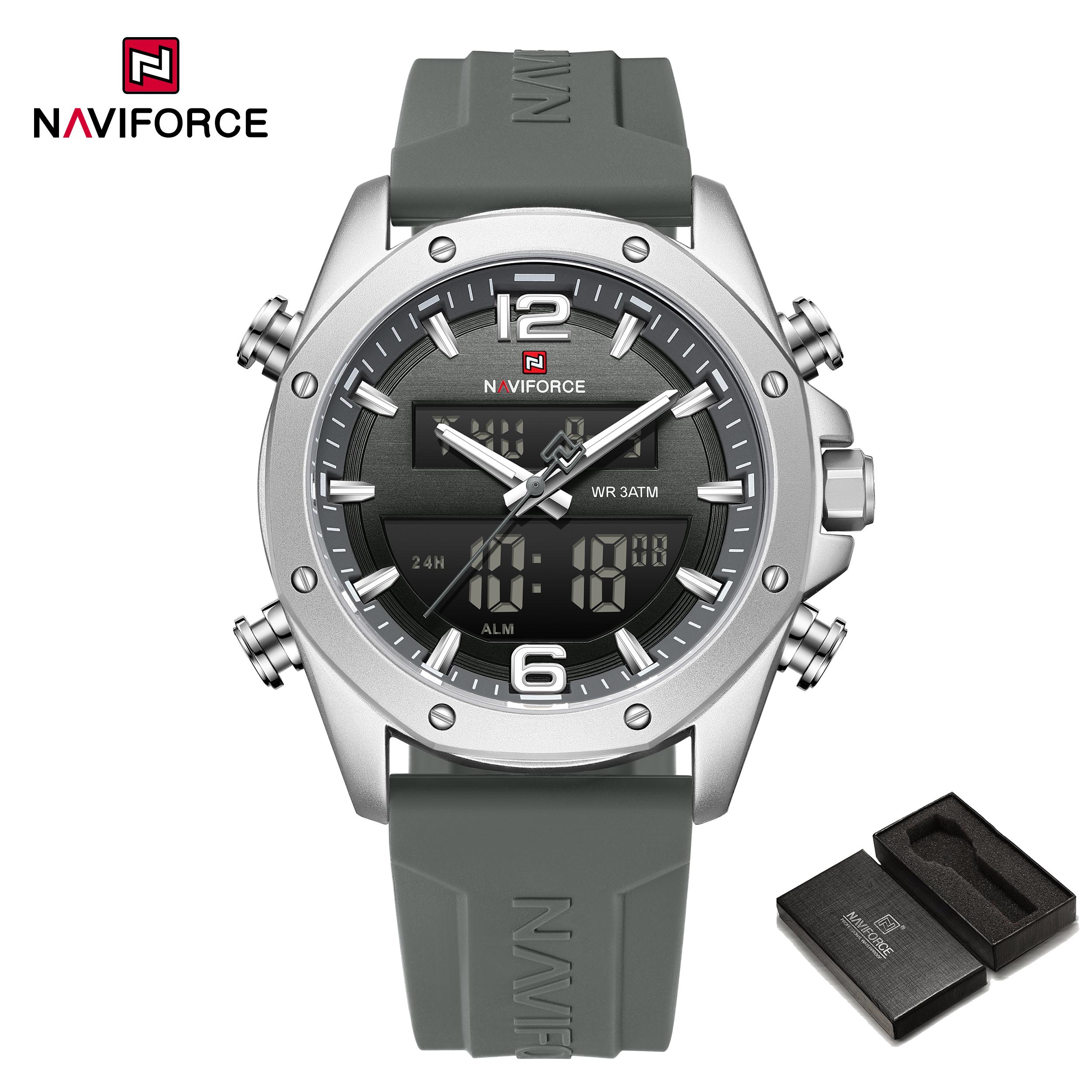 

Naviforce Оригінальний годинник з подвійним часом для чоловіків РК-цифровий годинник Кварцовий годинник Календар Дата Силіконовий ремінець Водонепроникний NF9264 срібний/сірий