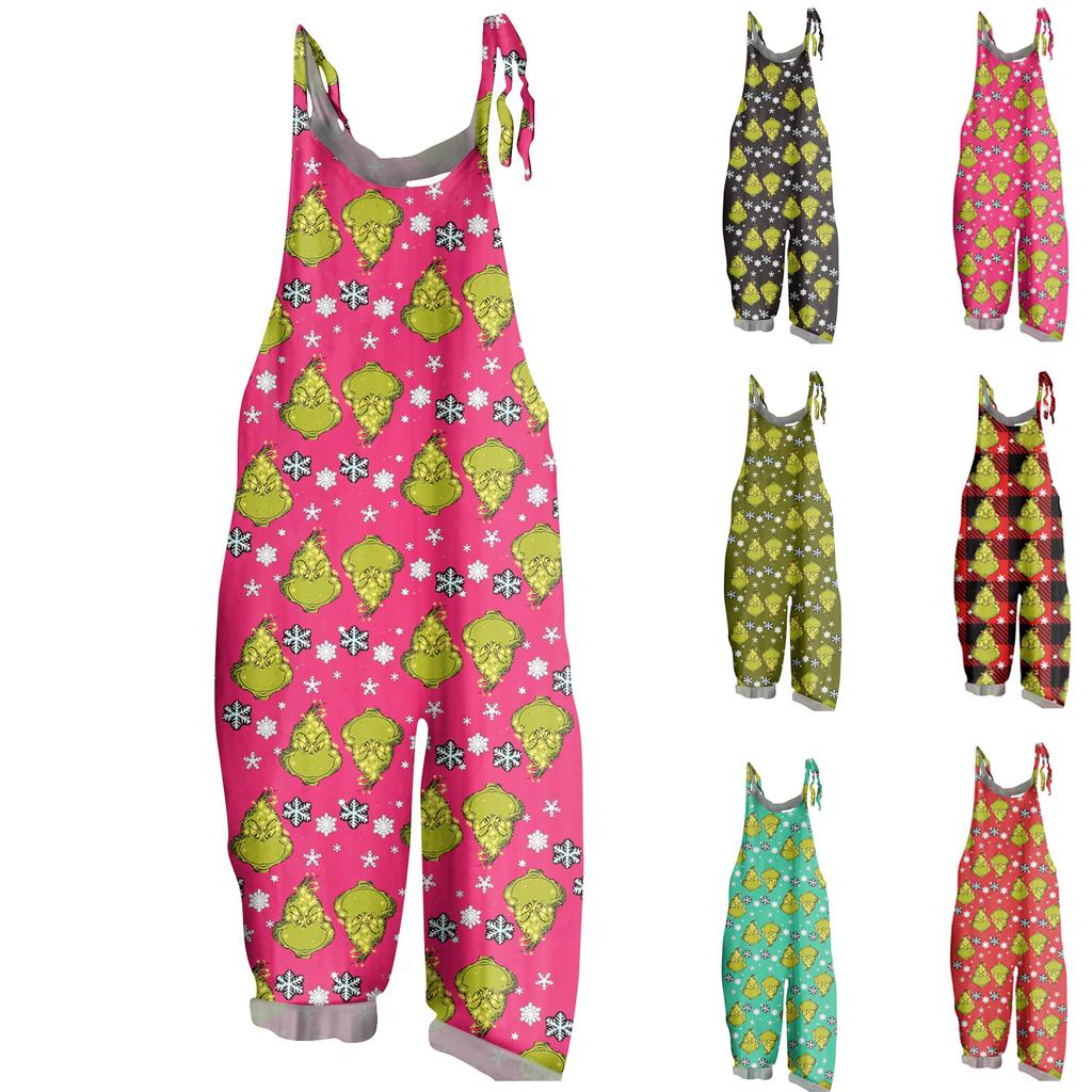 Women's Casual Loose Jumpsuit Christmas Print Wide Leg Jumpsuit Sleeveless With Pockets