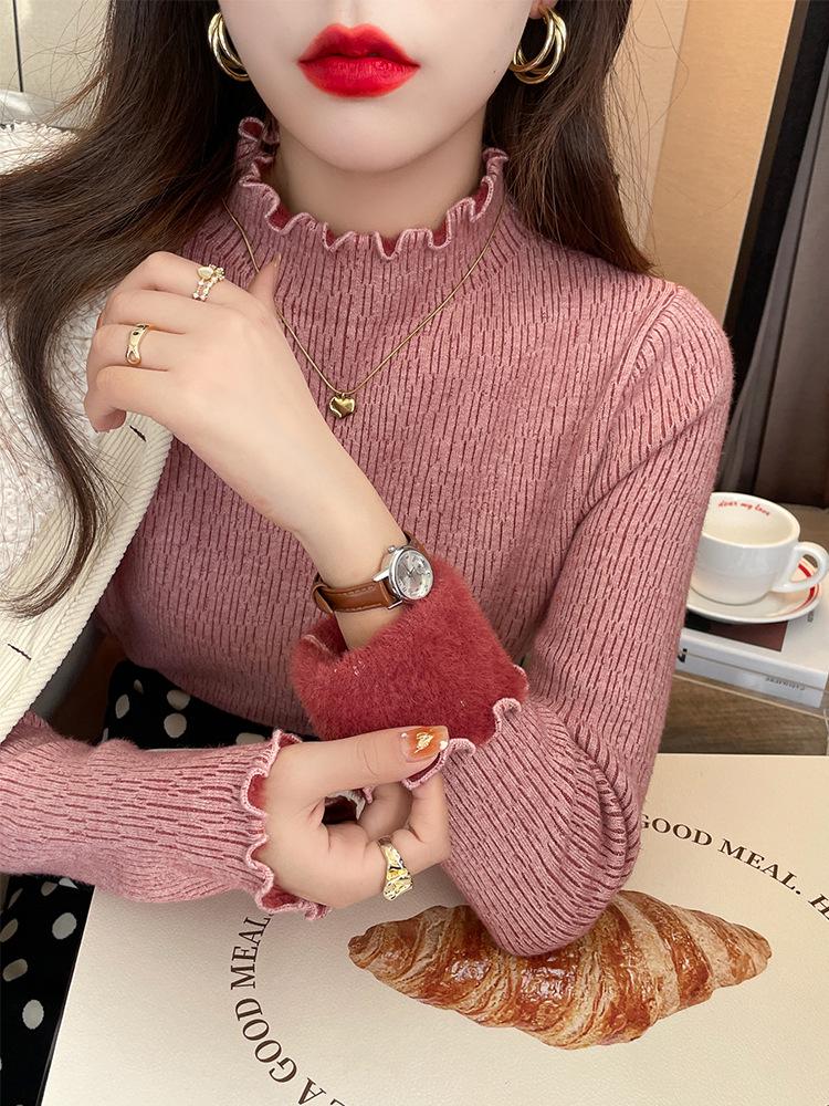 Women's Velvet Ruffled High Collar Knitted Sweater - Thick Warm Autumn/Winter Pullover Top