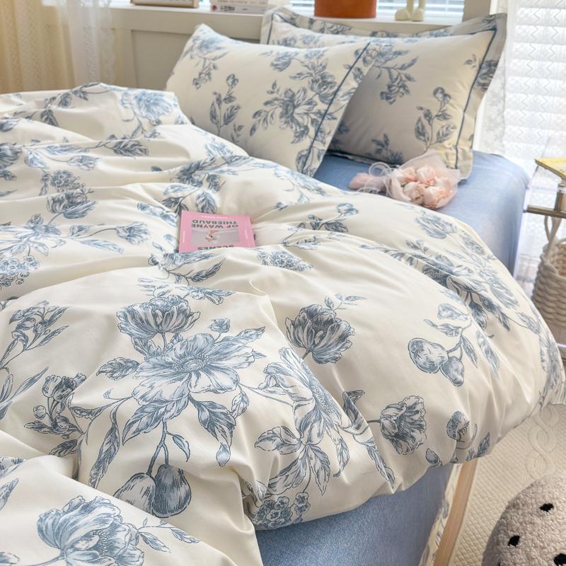 100% Cotton Luxury Floral Duvet Cover Set Boys Girls Single Comforter Cover Vintage Blue Plant Pattern Bedding with Pillowcase
