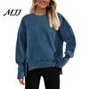 Polyester Women Tops Crew Neck Sweatshirt, Drop Shoulder Long Sleeve Pullover, Loose Soft Sweaters Fit Casual Fall Winter Top with Side Slit Pullovers