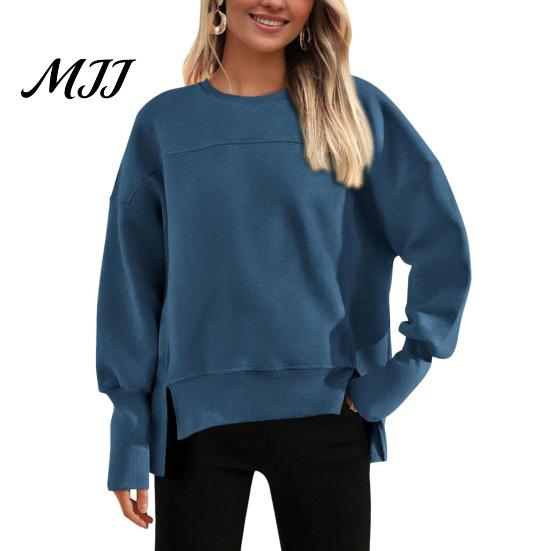 Polyester Women Tops Crew Neck Sweatshirt, Drop Shoulder Long Sleeve Pullover, Loose Soft Sweaters Fit Casual Fall Winter Top with Side Slit Pullovers