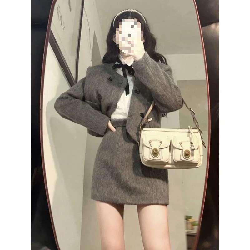 Elegant Socialite High-End Wool Suit Skirt Set - Short Jacket and Skirt for Women