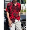 Heren Zomer Rood Zwart Abstract Patroon Cubaanse Kraag Korte Mouw Shirt