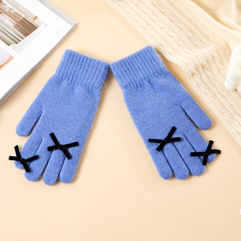 Five-finger Solid Color Warm Knitted Gloves for Women Bow-knot Cold-proof Gloves