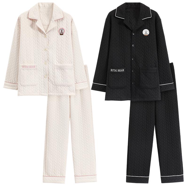 Couple's Warm Cartoon Pajamas Set: Thick Cotton, Korean Style, for Women & Men, Autumn/Winter