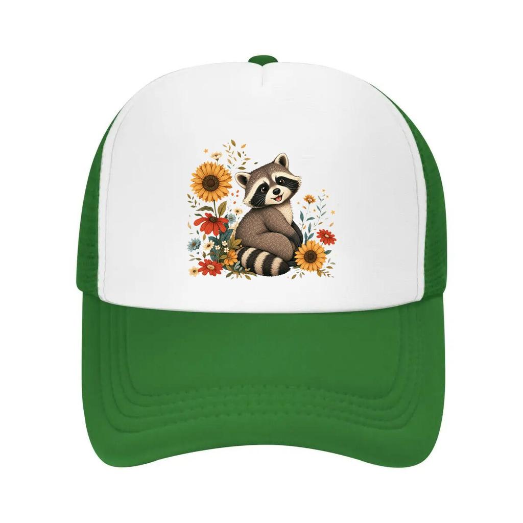 Whimsical Forest Raccoon Floral Port Mesh Baseball Cap Casual Hat Outdoor For Womens Unisex FeUnisex