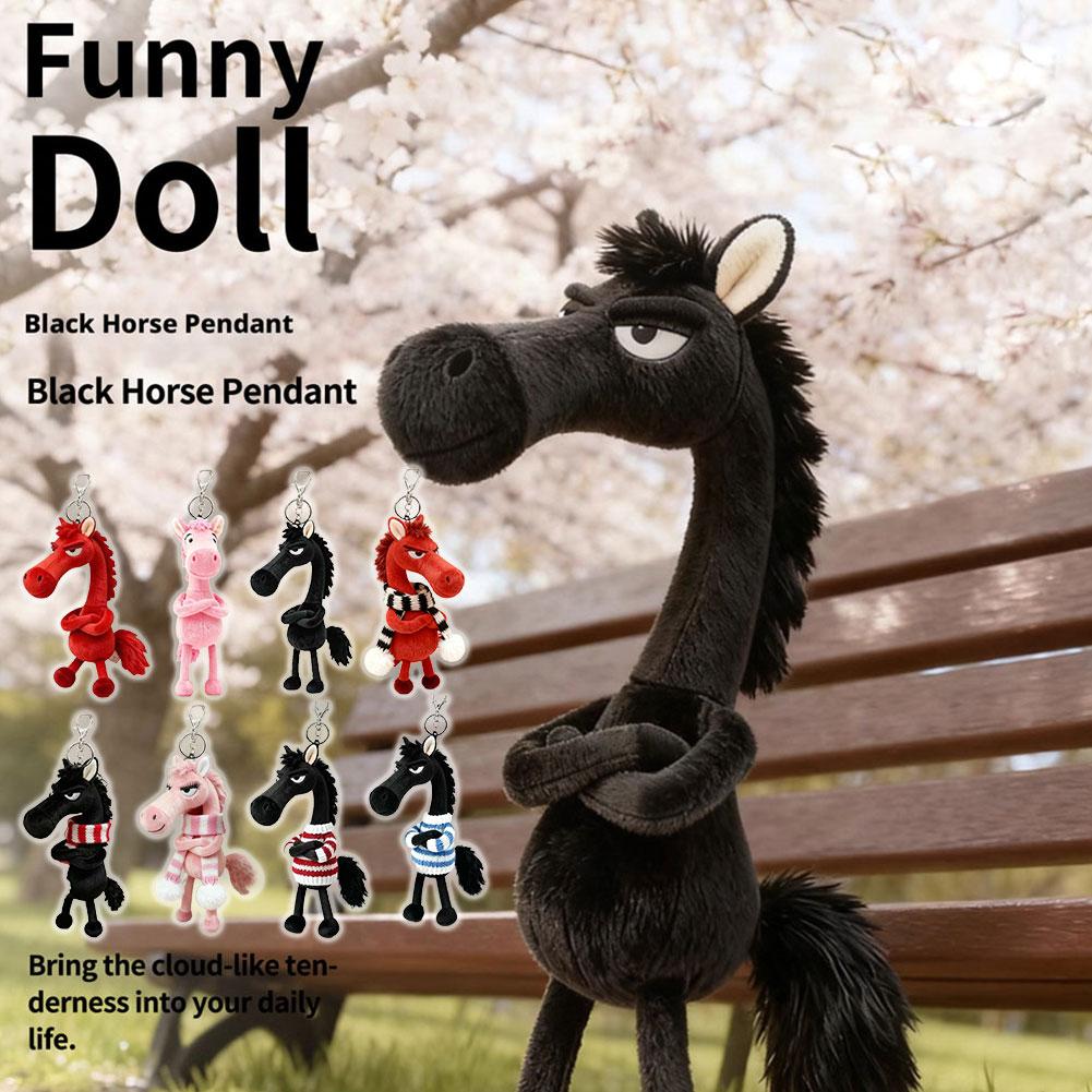 1pcs Black Horse Keychain Plush Toy Backpack Pendant Decoration Year of The Horse Plush Toy New Year's Gifts for Boys and Girls