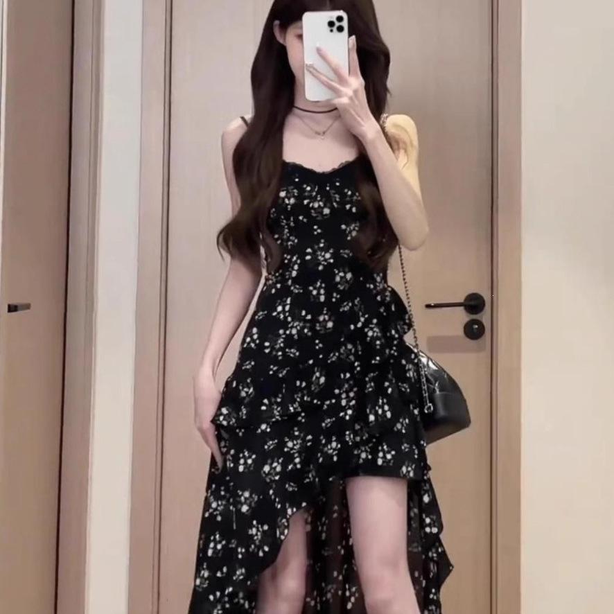 Black floral ruffle irregular dress women's summer French public design sense vacation style suspender dress