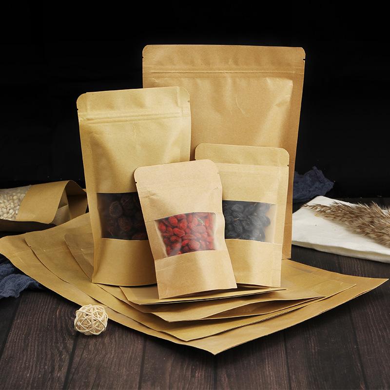 10pcs Brown Eco-friendly Resealable Stand-up Pouch With Kraft Paper Window, Coffee Bean Food Packaging!