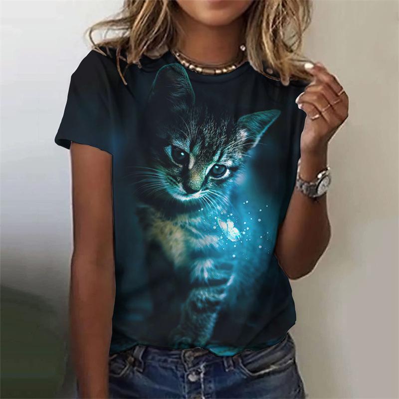 Cat pattern women's T-shirt animal 3D printing T-shirt summer casual round neck short sleeved T-shirt top Harajuku women's clothing