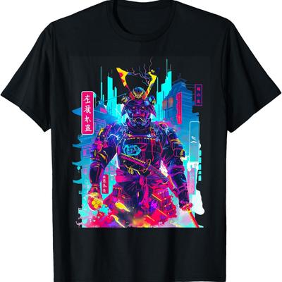 Cyberpunkowy Neonowy Samuraj Japońska Sztuka Koszulka