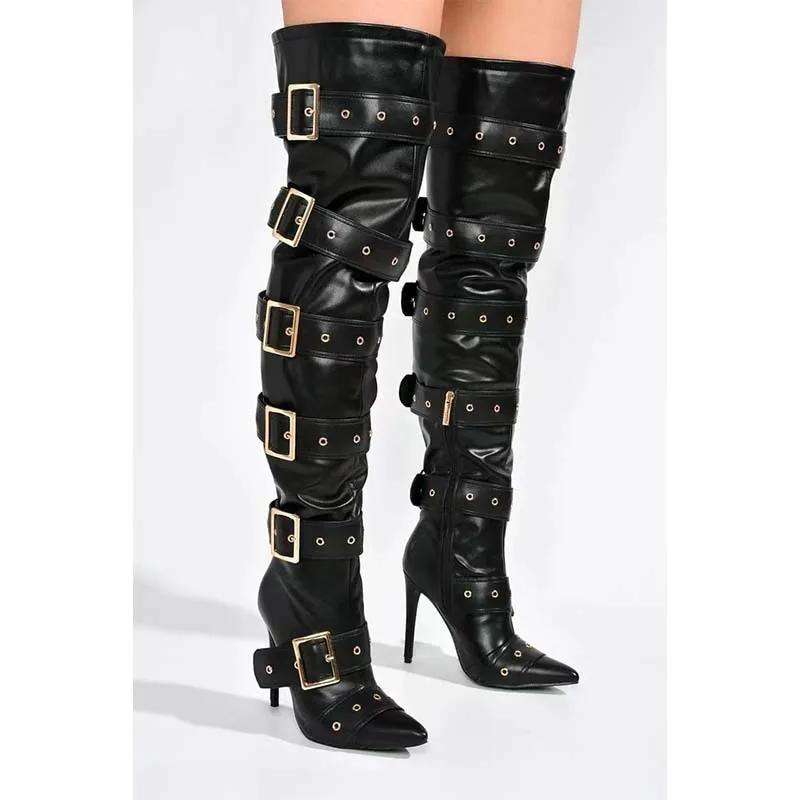 Blue Denim Sexy Sliver Buckled Thigh High Boots Women's Black Leather Pointed Toe High Heels Long Boot Luxury Design Party Shoes