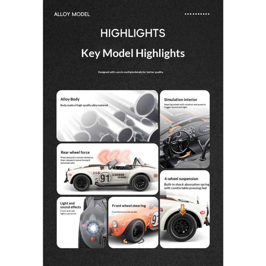 1/22 Ford Shelby Cobra Replica Alloy Car Model  Convertible Retro Collection Classic Car Toy Car Boy Holiday Birthday Gift