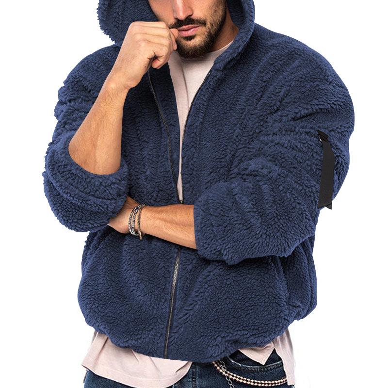 Spring, Autumn and Winter Men's Jacket Double-sided Arctic Velvet Hooded Solid Color Casual Zipper Jacket