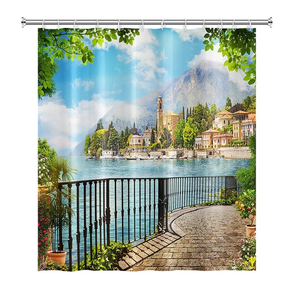 Rural Landscape Shower Curtains Creek Stone Lotus Buddha Bath Curtain Natural Scenery Waterproof Bathroom Home Decor With Hooks