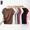 Damen V-Ausschnitt Kurzarm T-Shirt Lockerer Schnitt Lässig Ultra Dehnbar Baumwolle Basis Layering Einfarbige Tägliches T-Shirt Oberteil