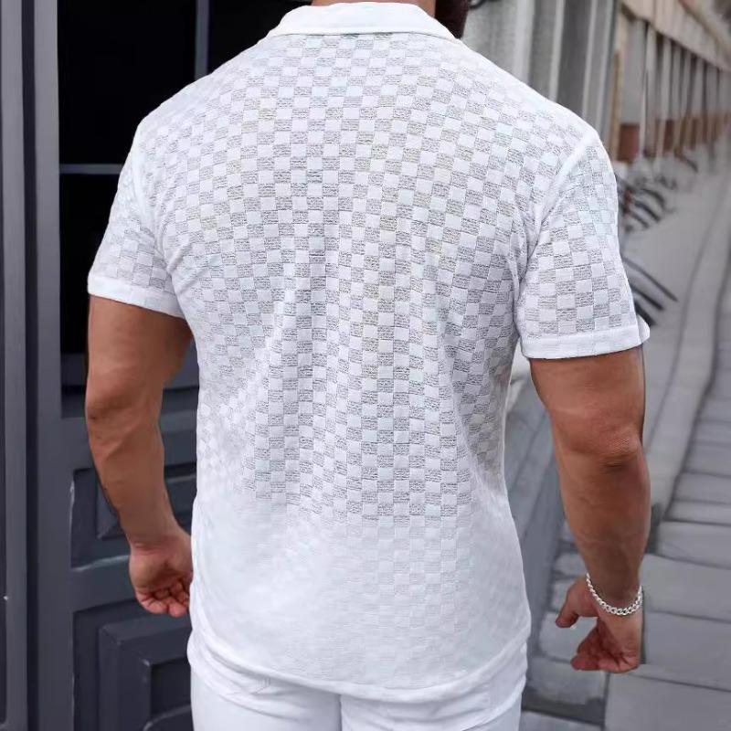 Men's Short-Sleeve Mesh Checkered Collared Shirt - Breathable Casual Button-Down Slim-Fit Top