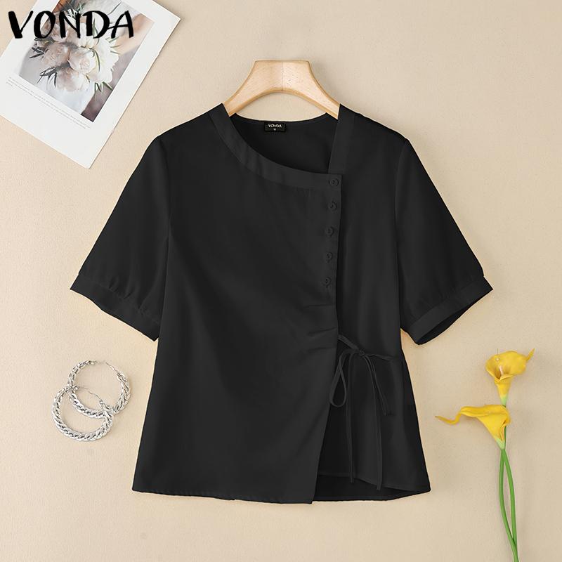

VONDA Women Short Sleeve Side Lace-up Irregular Casual Blouse Tops S