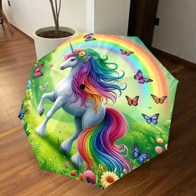 1 PZ Ombrello Automatico Apri/Chiudi Unicorno Arcobaleno con Protezione Antivento, Tetto Robusto a 8 Stecche, Stecche Resistenti, Design alla Moda, Accessorio da Esterno, Stampa Divertente,