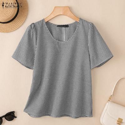 Blouse Courte Décontractée à Manches Courtes et Imprimé Carreaux pour Femme