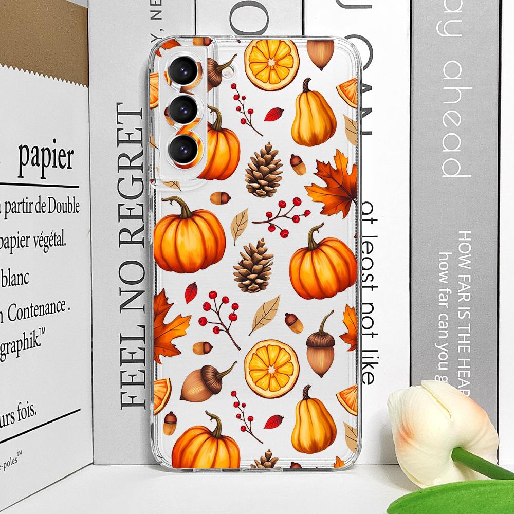 

Autumn Maple Leaf Pumpkin Print Clear Phone Case for Samsung Galaxy S25 Ultra S24 S23 S22 S21 Plus S20 FE 5G Soft Silicone Cover Galaxy S24 Ultra