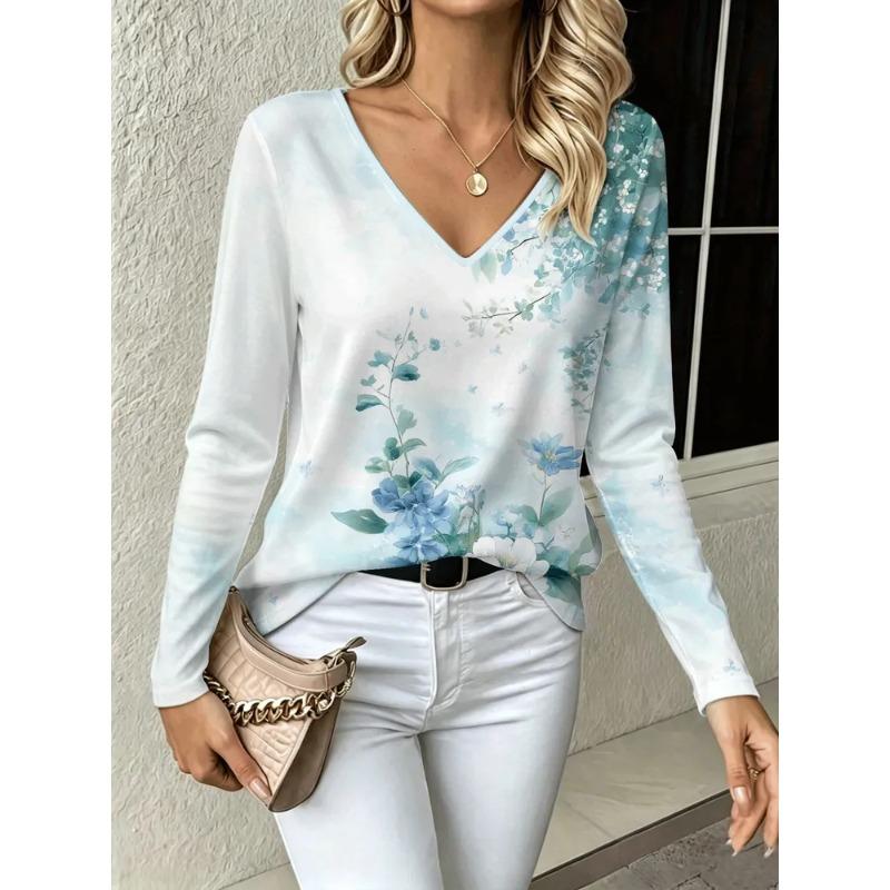 Autumn Women's 3D Flower Print V-Neck Long Sleeve T-Shirt