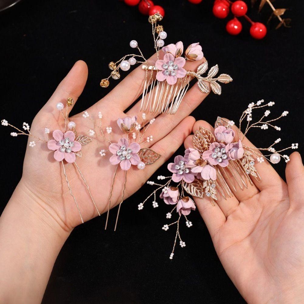 4Pcs/set Gold/Silver Bridal Headband Rhinestone Headpiece Elegant Flower Hair Comb Prom Event