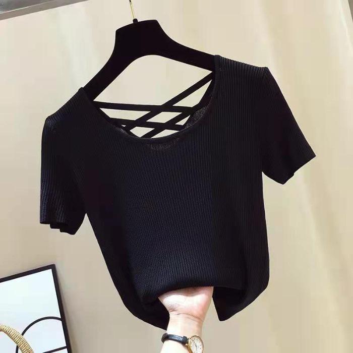Korean Style Women's Slimming Backless Ice Silk Ribbed T-Shirt