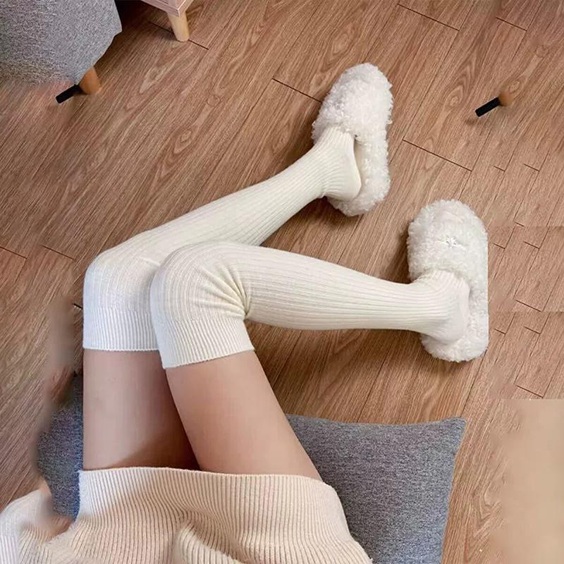 1Pair Women Knitted Long Socks Boot Solid Thigh Stocking Skinny Casual Cotton Over Knee-High Fashion Ins Female Long Knee Sock