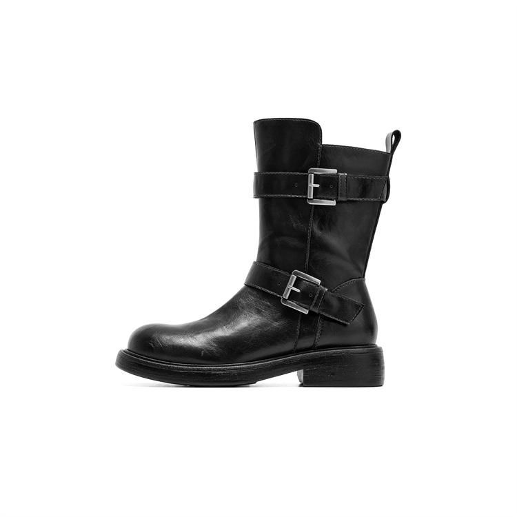 Saturday temperament Maillard boots children's 2025 autumn and winter new belt buckle round toe mid length boots European and American fashion boots