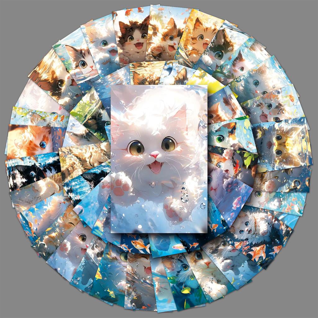 50 Cats Playing with Water Doodle Stickers Cartoon Cute Cats Gauze Decorative Water Cup Mobile Phone Case Computer Stickers